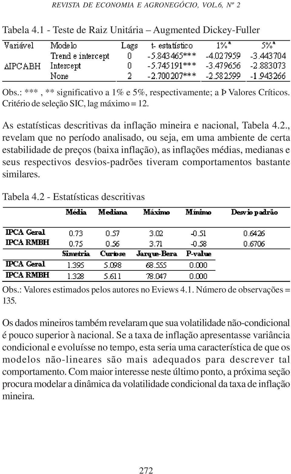 As estatísticas descritivas da inflação mineira e nacional, Tabela 4.2.