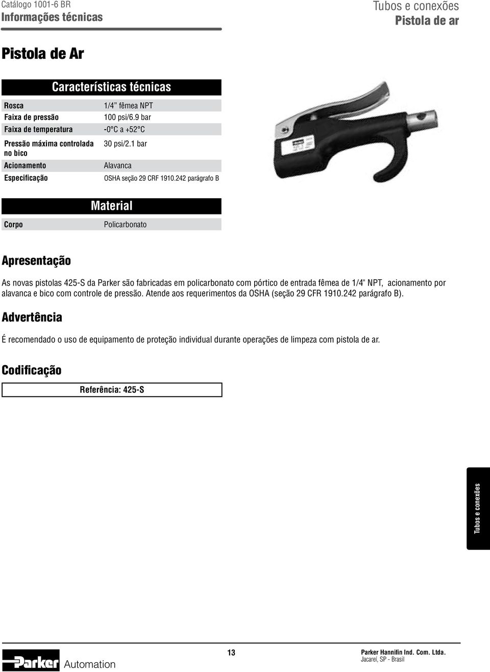 242 parágrafo B Material Corpo Policarbonato Apresentação As novas pistolas 425-S da Parker são fabricadas em policarbonato com pórtico de entrada fêmea de 1/4" NPT, acionamento