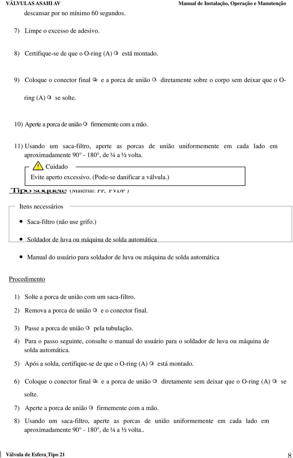 11) Usando um saca-filtro, aperte as porcas de união uniformemente em cada lado em aproximadamente 90-180, de ¼ a ½ volta. Evite aperto excessivo. (Pode-se danificar a válvula.