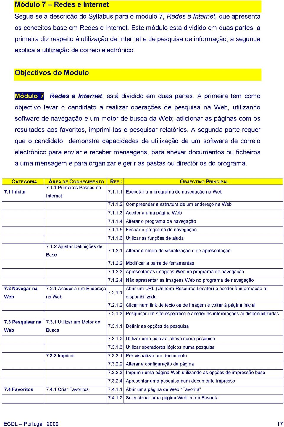 Objectivos do Módulo Módulo 7 Redes e Internet, está dividido em duas partes.