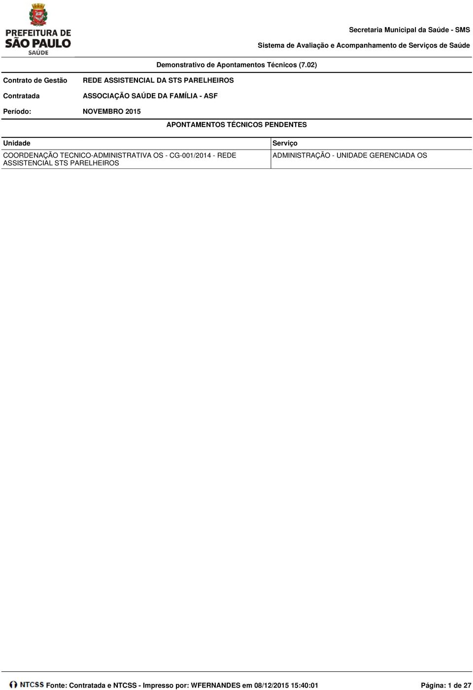 Unidade COORDENAÇÃO TECNICO-ADMINISTRATIVA OS - CG-001/2014 - REDE ASSISTENCIAL STS