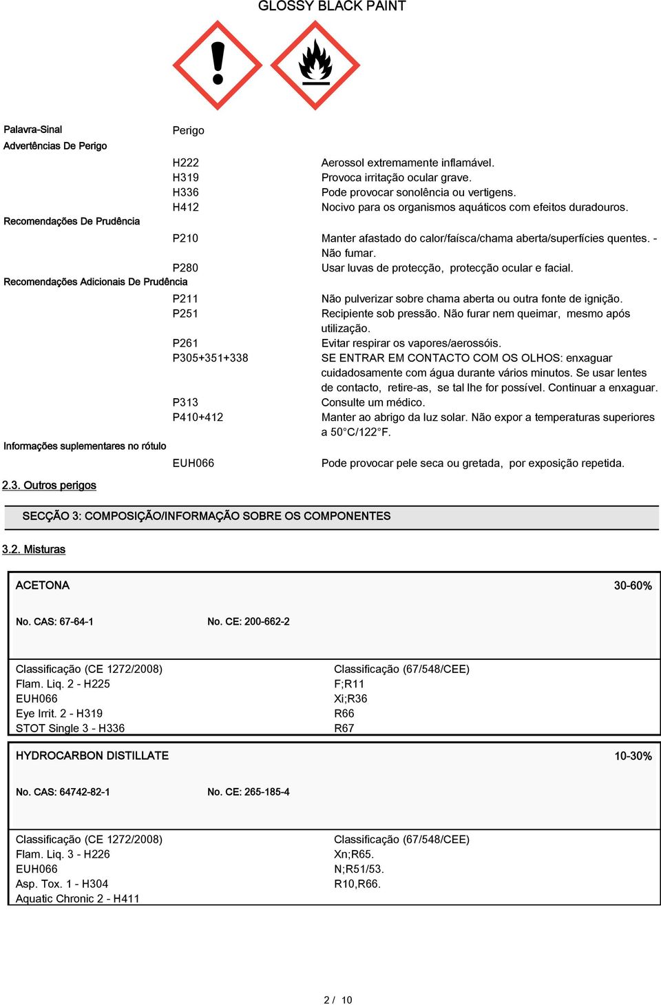 Recomendações Adicionais De Prudência Informações suplementares no rótulo 2.3. Outros perigos P211 Não pulverizar sobre chama aberta ou outra fonte de ignição. P251 Recipiente sob pressão.