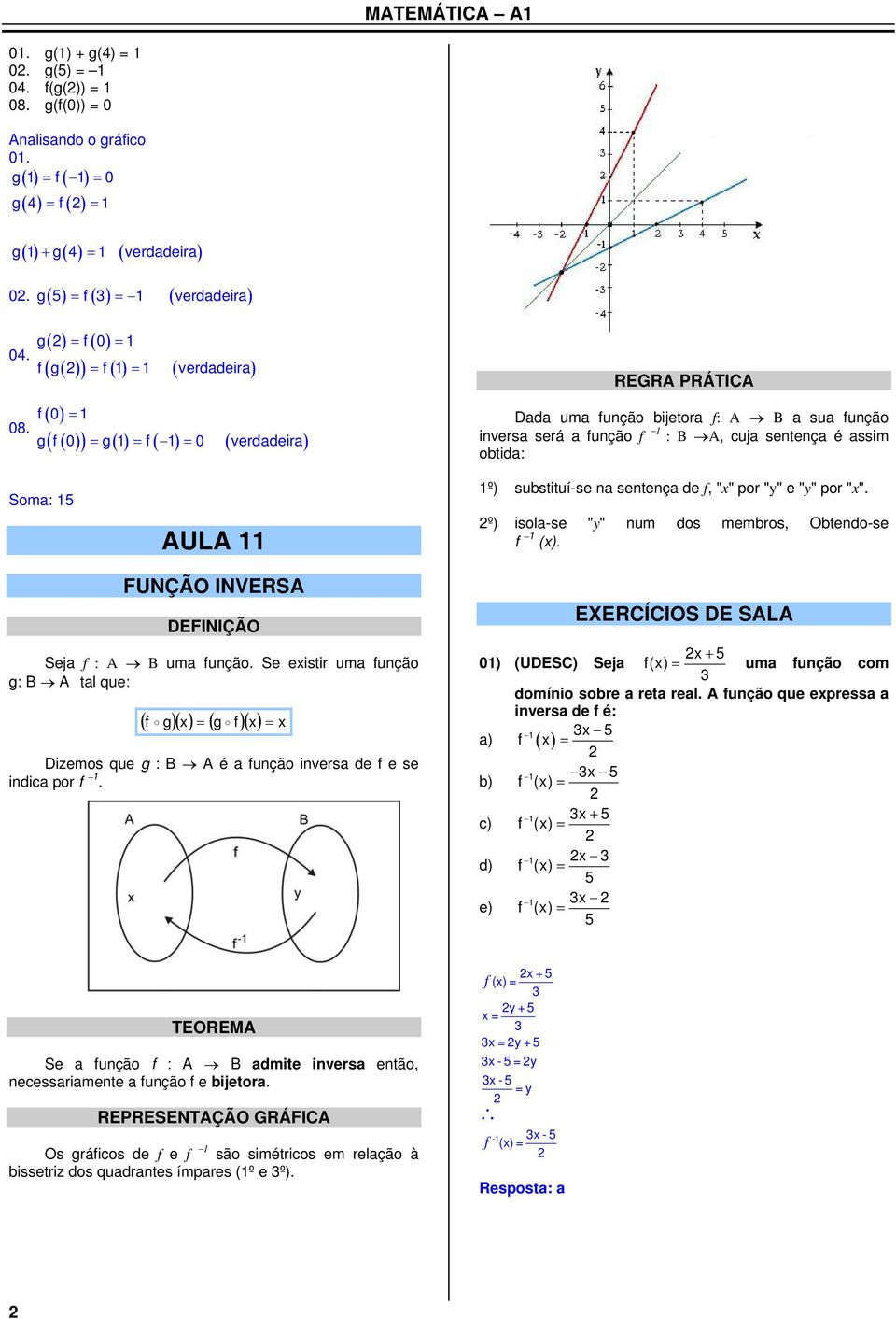 g 0 g verdadeira 0 g 0 g 0 verdadeira REGRA PRÁTICA Dada uma unção bijetora : A B a sua unção inversa será a unção : B A, cuja sentença é assim obtida: Soma: AULA º) substituí-se na sentença de, ""