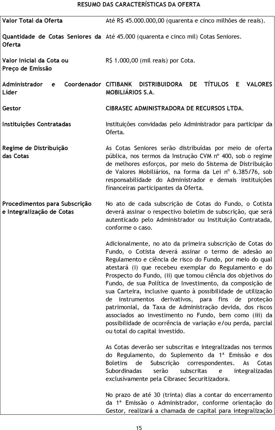 000 (quarenta e cinco mil) Cotas Seniores. R$ 1.000,00 (mil reais) por Cota. CITIBANK DISTRIBUIDORA DE TÍTULOS E VALORES MOBILIÁRIOS S.A. CIBRASEC ADMINISTRADORA DE RECURSOS LTDA.