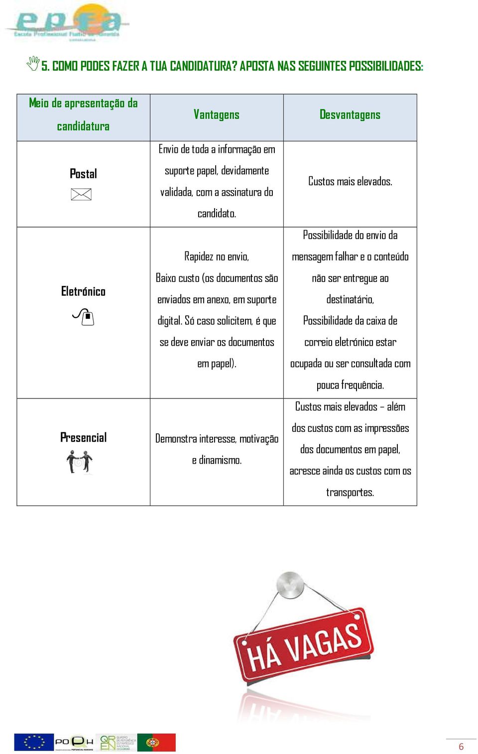 candidato. Rapidez no envio, Baixo custo (os documentos são enviados em anexo, em suporte digital. Só caso solicitem, é que se deve enviar os documentos em papel).