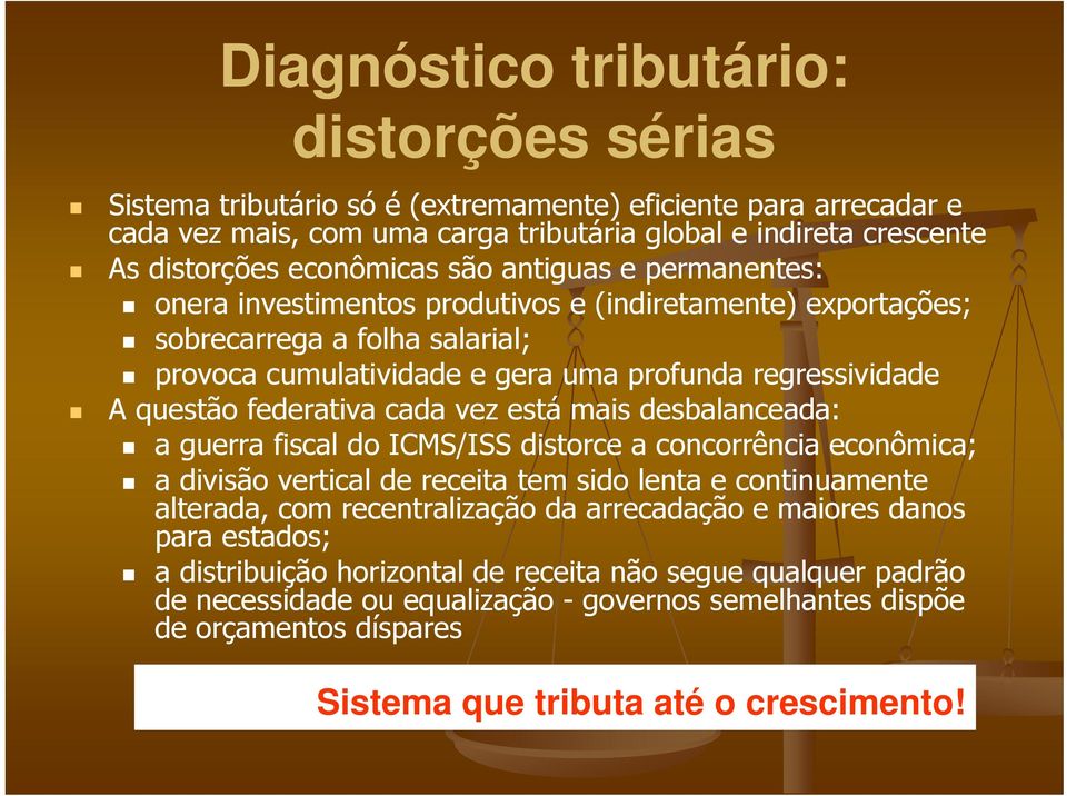 federativa cada vez está mais desbalanceada: a guerra fiscal do ICMS/ISS distorce a concorrência econômica; a divisão vertical de receita tem sido lenta e continuamente alterada, com recentralização