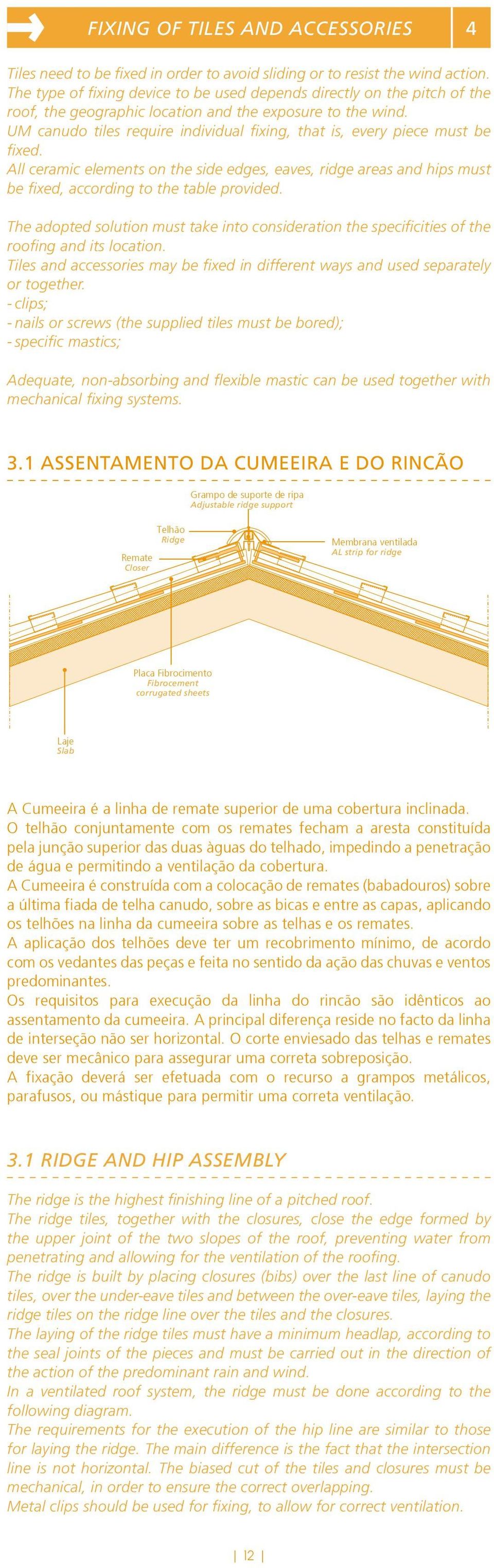 UM canudo tiles require individual fixing, that is, every piece must be fixed. All ceramic elements on the side edges, eaves, ridge areas and hips must be fixed, according to the table provided.