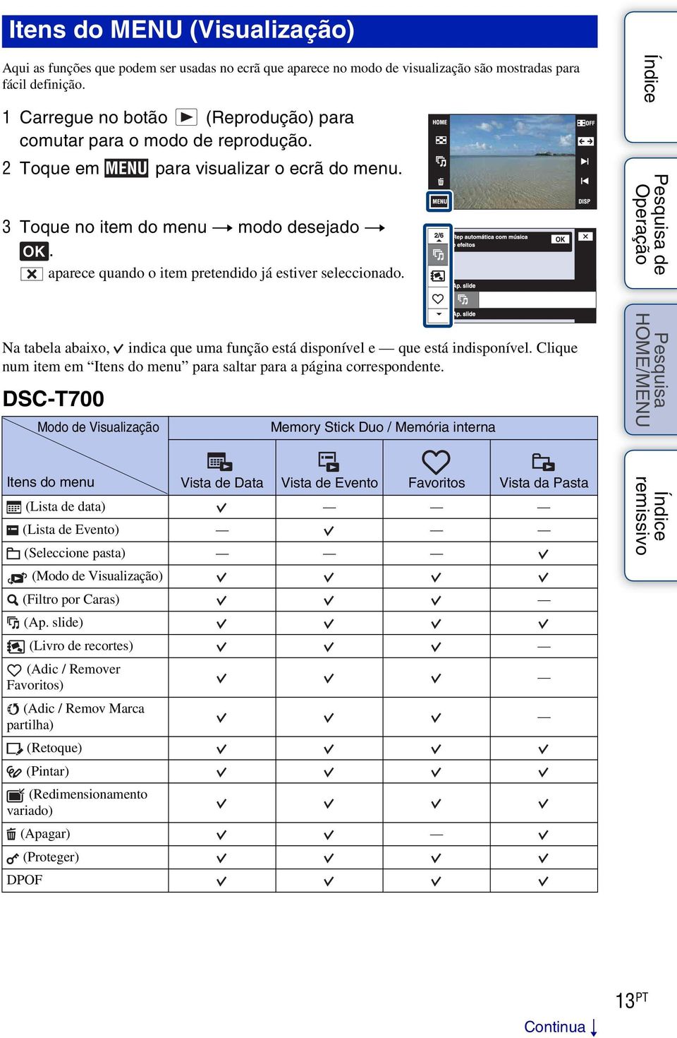 aparece quando o item pretendido já estiver seleccionado. Na tabela abaixo, indica que uma função está disponível e que está indisponível.