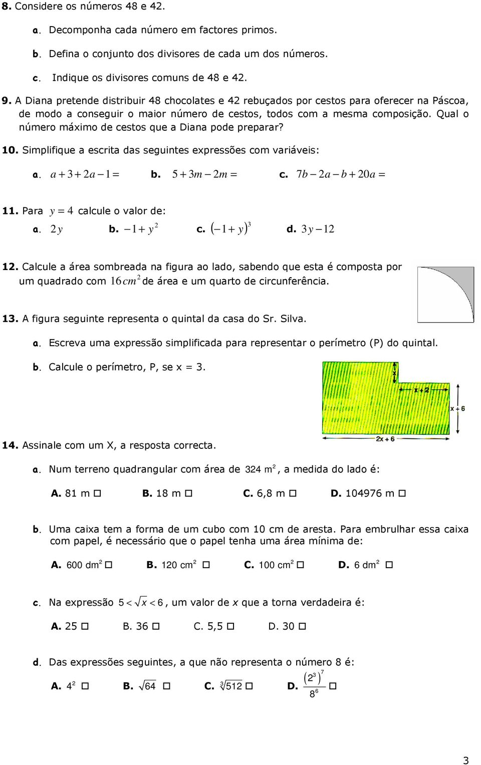 Qual o número máximo de cestos que a Diana pode preparar? 10. Simplifique a escrita das seguintes expressões com variáveis: a. a + + a 1 b. 5 + m m c. 7 b a b + 0a 11. Para y 4 calcule o valor de: a.