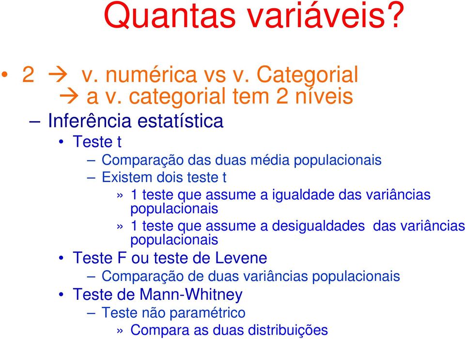 dois teste t» 1 teste que assume a igualdade das variâncias populacionais» 1 teste que assume a