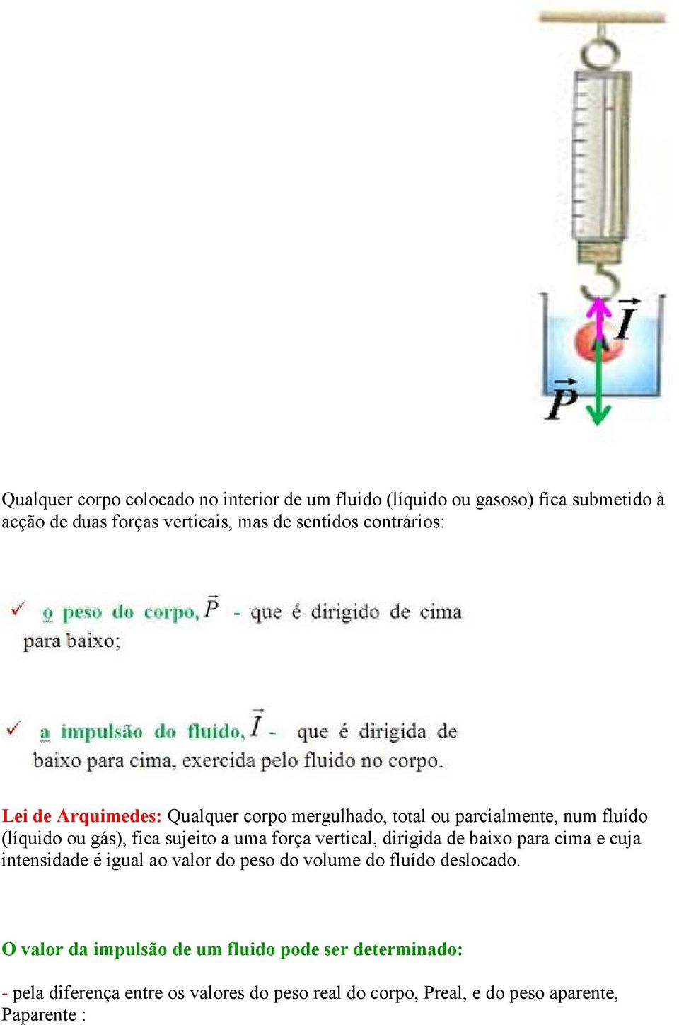 a uma força vertical, dirigida de baixo para cima e cuja intensidade é igual ao valor do peso do volume do fluído deslocado.