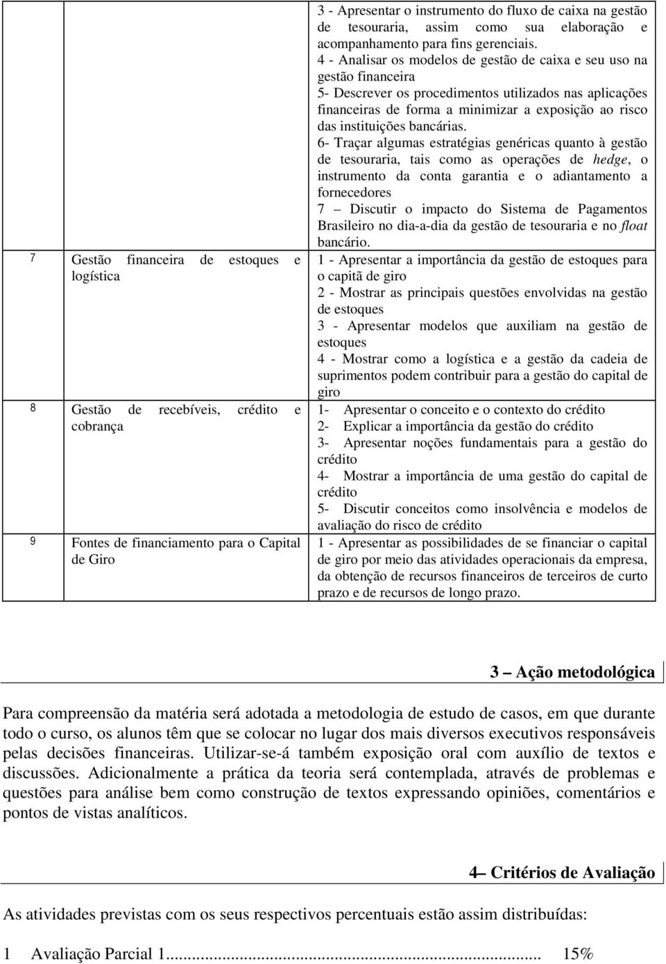 4 - Analisar os modelos de gestão de caixa e seu uso na gestão financeira 5- Descrever os procedimentos utilizados nas aplicações financeiras de forma a minimizar a exposição ao risco das