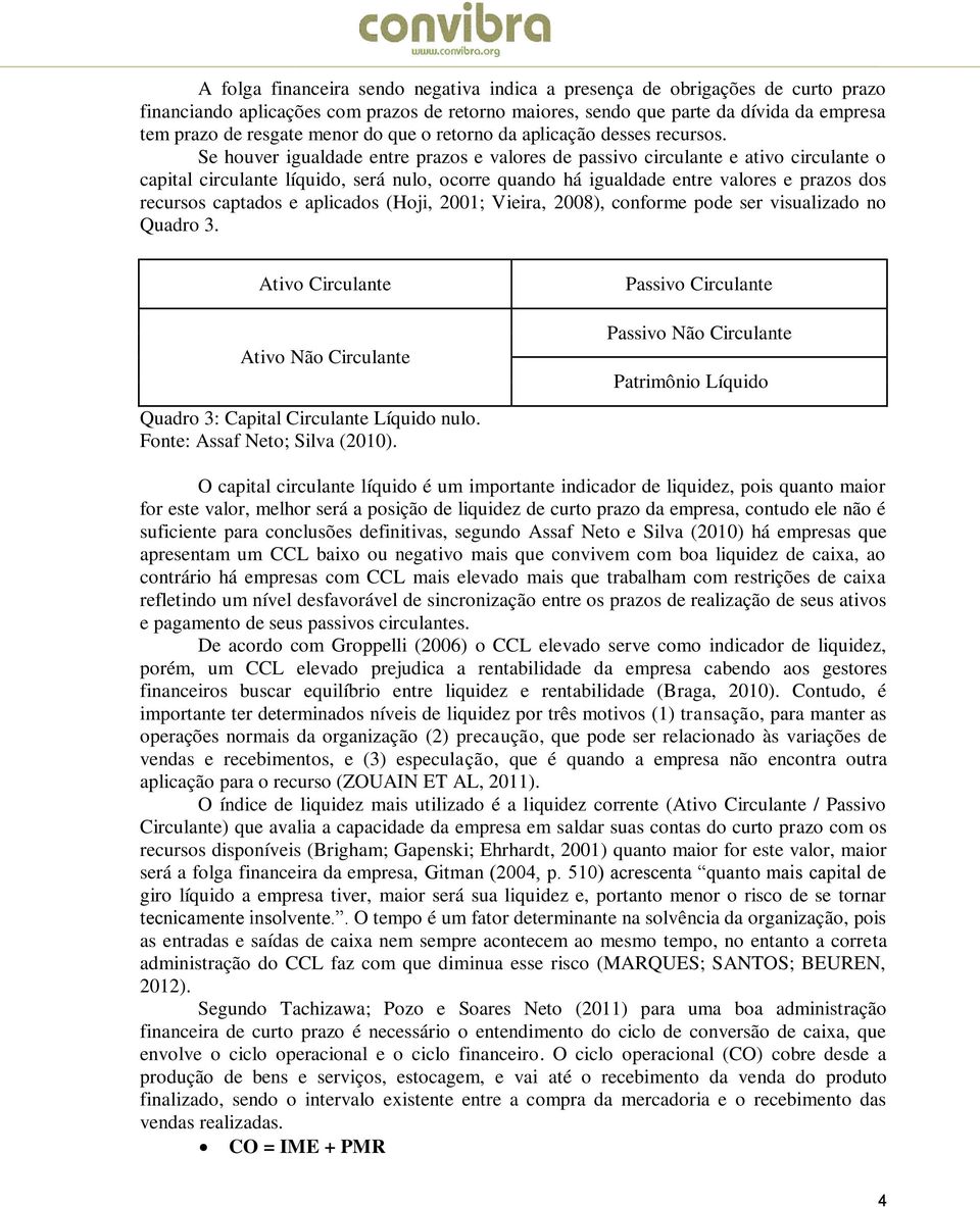 Se houver igualdade entre prazos e valores de passivo circulante e ativo circulante o capital circulante líquido, será nulo, ocorre quando há igualdade entre valores e prazos dos recursos captados e