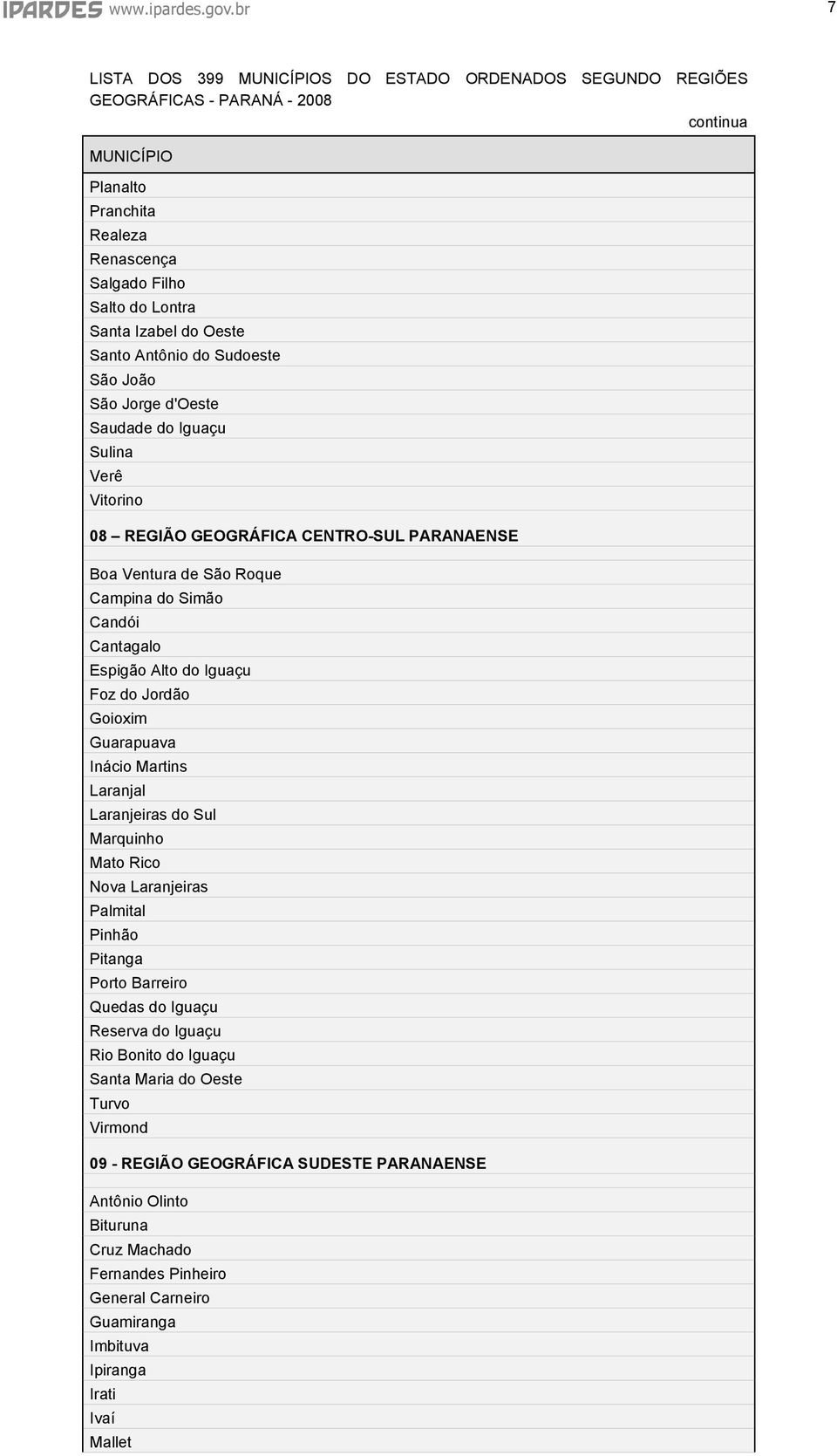 d'oeste Saudade do Iguaçu Sulina Verê Vitorino 08 REGIÃO GEOGRÁFICA CENTRO-SUL PARANAENSE Boa Ventura de São Roque Campina do Simão Candói Cantagalo Espigão Alto do Iguaçu Foz do Jordão Goioxim