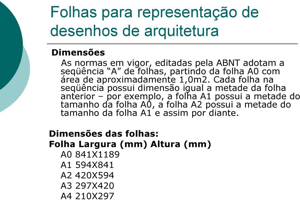 Cada folha na seqüência possui dimensão igual a metade da folha anterior por exemplo, a folha A1 possui a metade do tamanho da