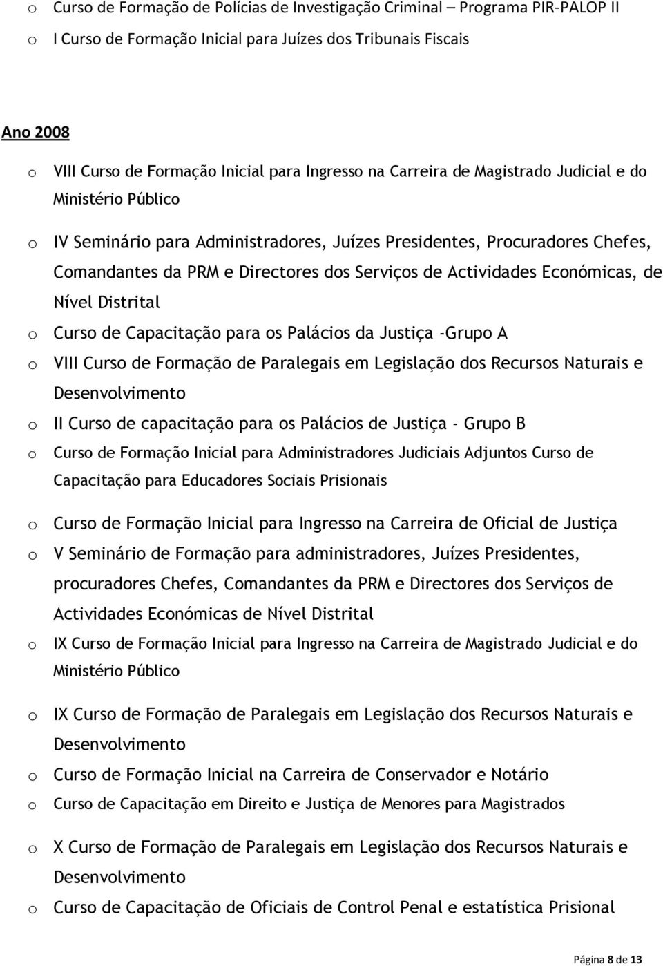 Distrital o Curso de Capacitação para os Palácios da Justiça -Grupo A o VIII Curso de Formação de Paralegais em Legislação dos Recursos Naturais e o II Curso de capacitação para os Palácios de