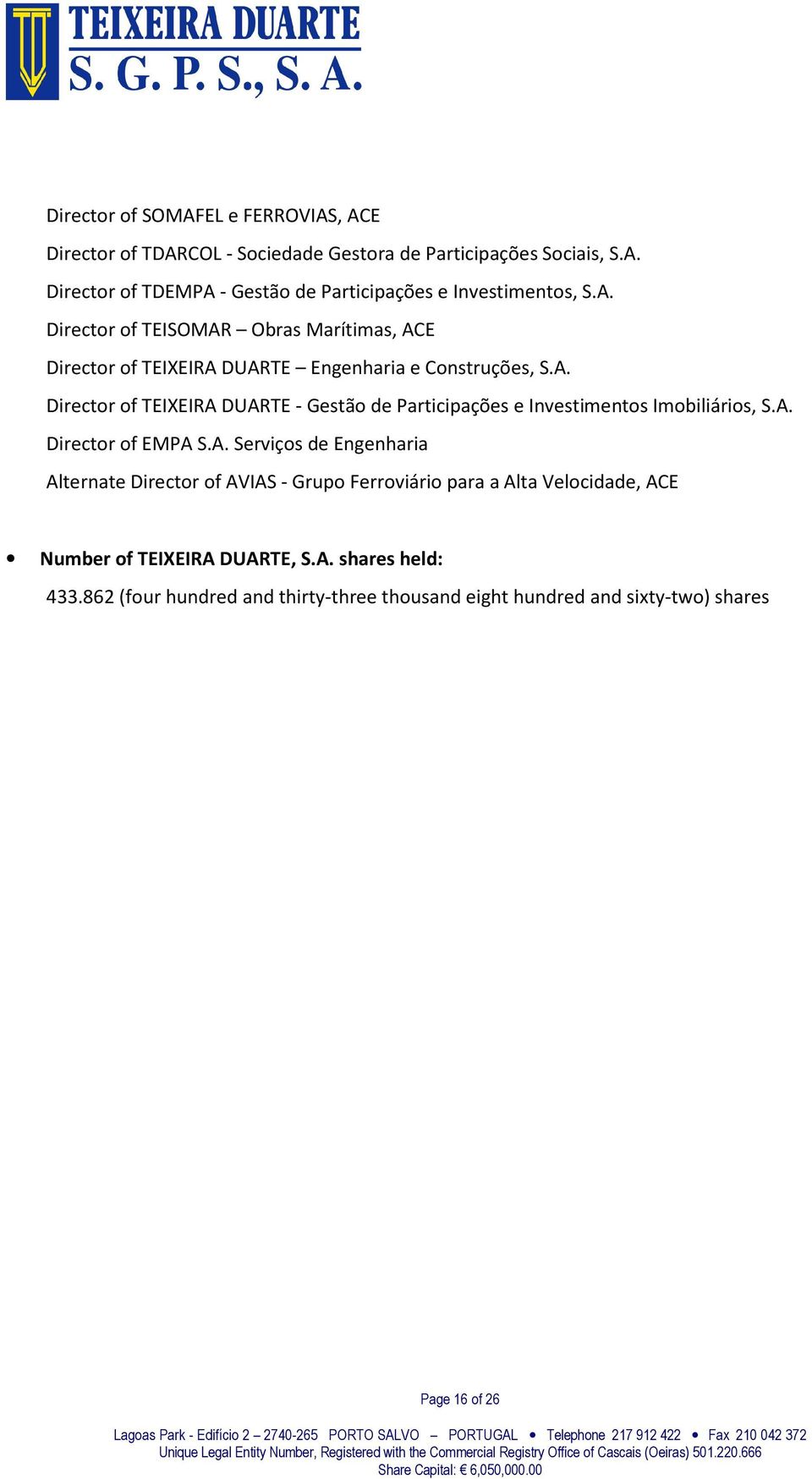 A. Director of EMPA S.A. Serviços de Engenharia Alternate Director of AVIAS - Grupo Ferroviário para a Alta Velocidade, ACE Number of TEIXEIRA DUARTE, S.A. shares held: 433.