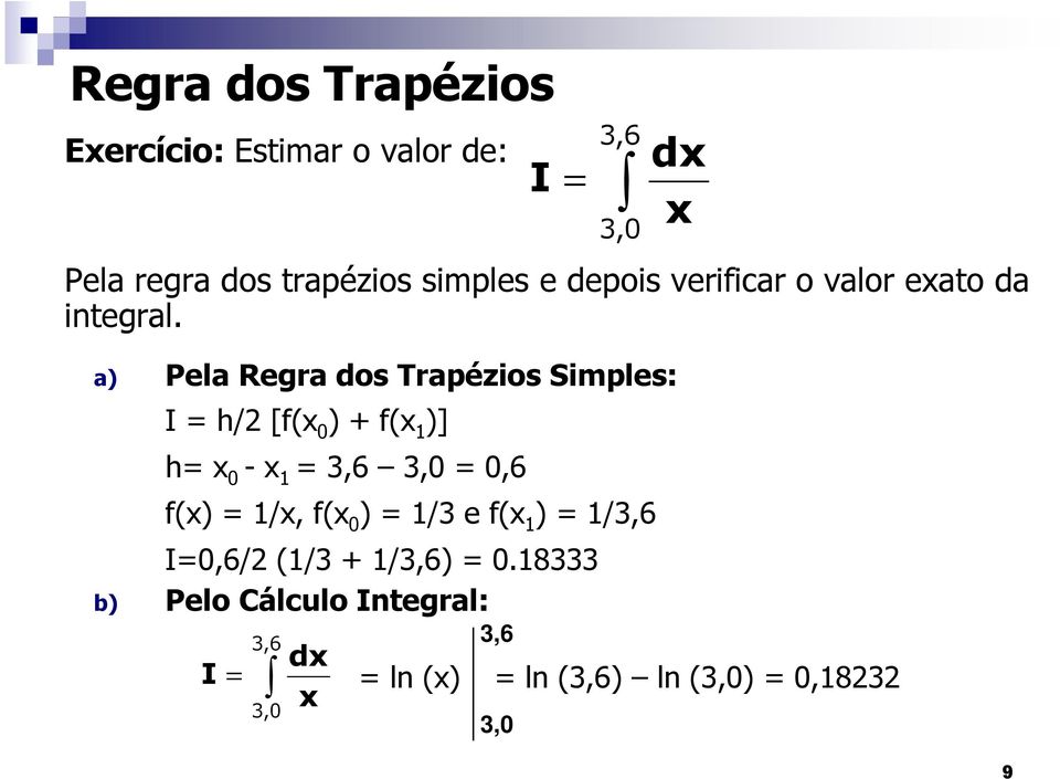 a Pela Regra dos Trapézios Siples: I / [ ] - 3,6 3,,6 /, /3 e /3,6