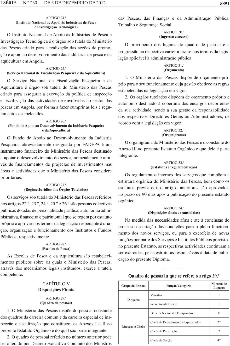 desenvolvimento das indústrias de pesca e da aquicultura em Angola. ARTIGO 25.