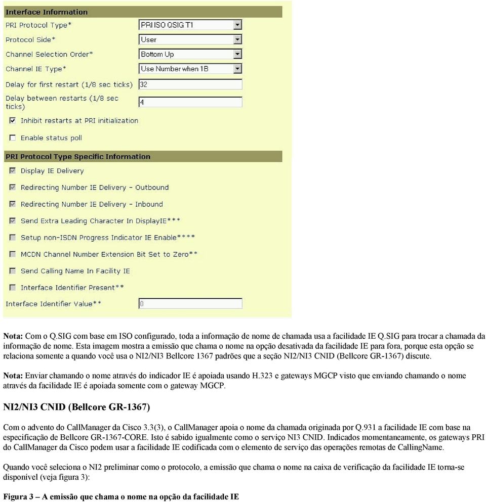 NI2/NI3 CNID (Bellcore GR-1367) discute. Nota: Enviar chamando o nome através do indicador IE é apoiada usando H.