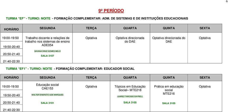 direcionada do DAE Optativa direcionada do DAE Optativa SAVANA DINIZ GOMES MELO SALA 3107 TURMA EF1 - TURNO: NOITE - FORMAÇÃO