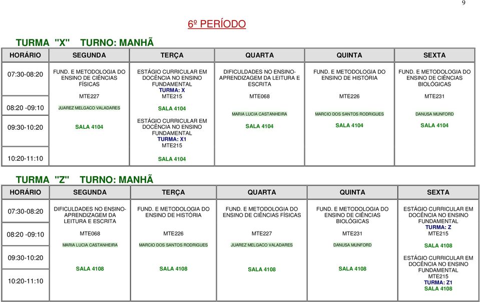 MUNFORD TURMA "Z" TURNO: MANHÃ 07:30-08:20 DIFICULDADES NO ENSINO- APRENDIZAGEM DA LEITURA E ESCRITA MTE068 ENSINO DE HISTÓRIA MTE226 ENSINO DE CIÊNCIAS FÍSICAS MTE227 ENSINO DE