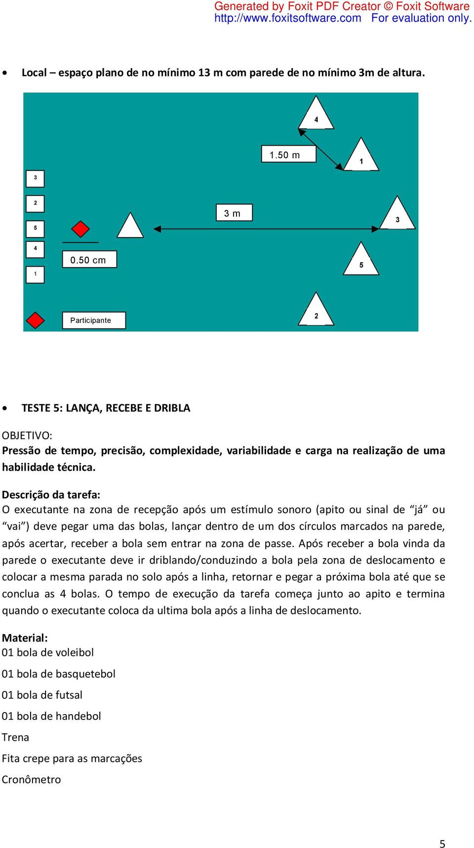 Descrição da tarefa: O executante na zona de recepção após um estímulo sonoro (apito ou sinal de já ou vai ) deve pegar uma das bolas, lançar dentro de um dos círculos marcados na parede, após