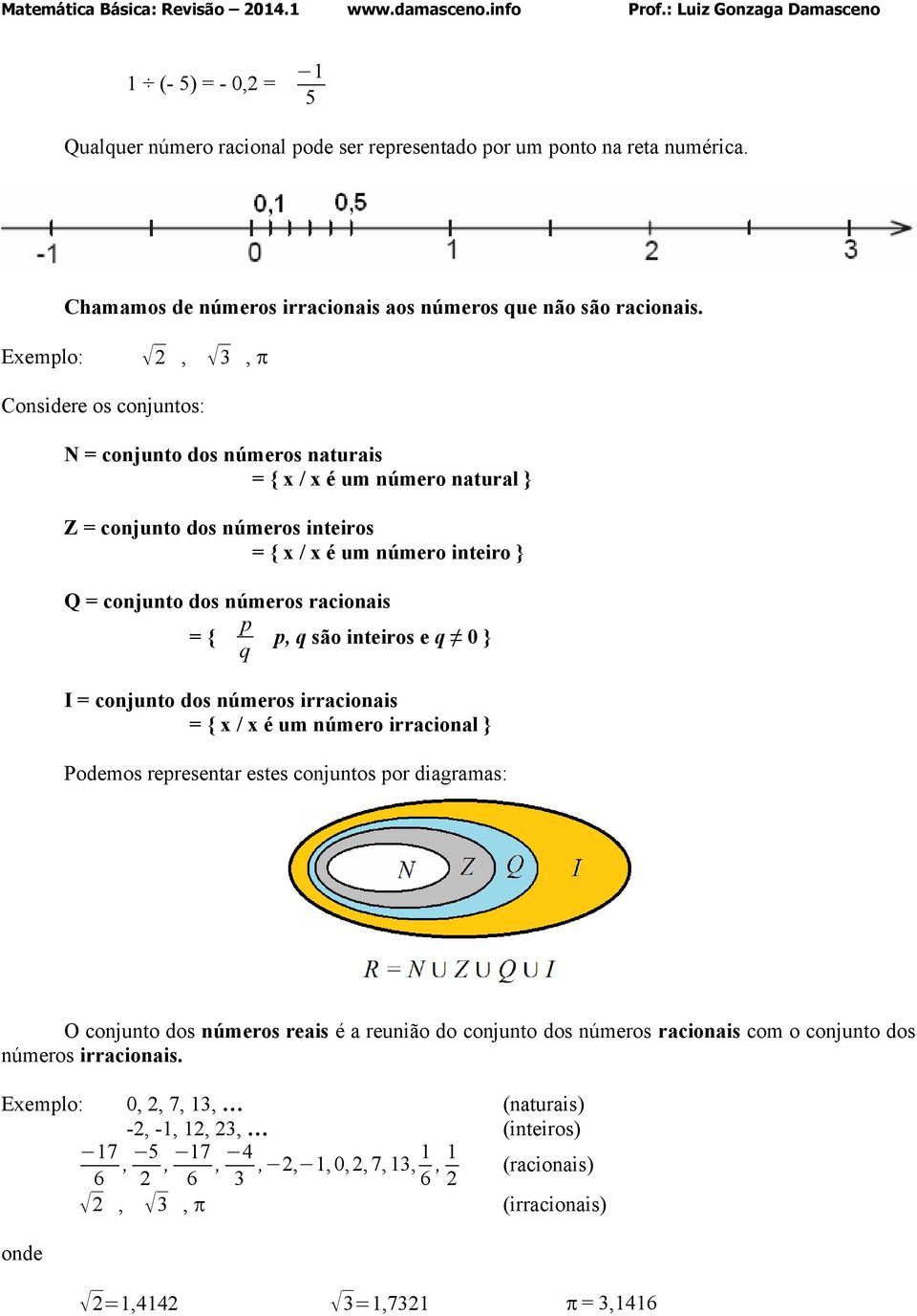 p = { p, q são inteiros e q 0 } q I = conjunto dos núeros irracionais = { x / x é u núero irracional } Podeos representar estes conjuntos por diagraas: O conjunto dos núeros reais é a reunião do