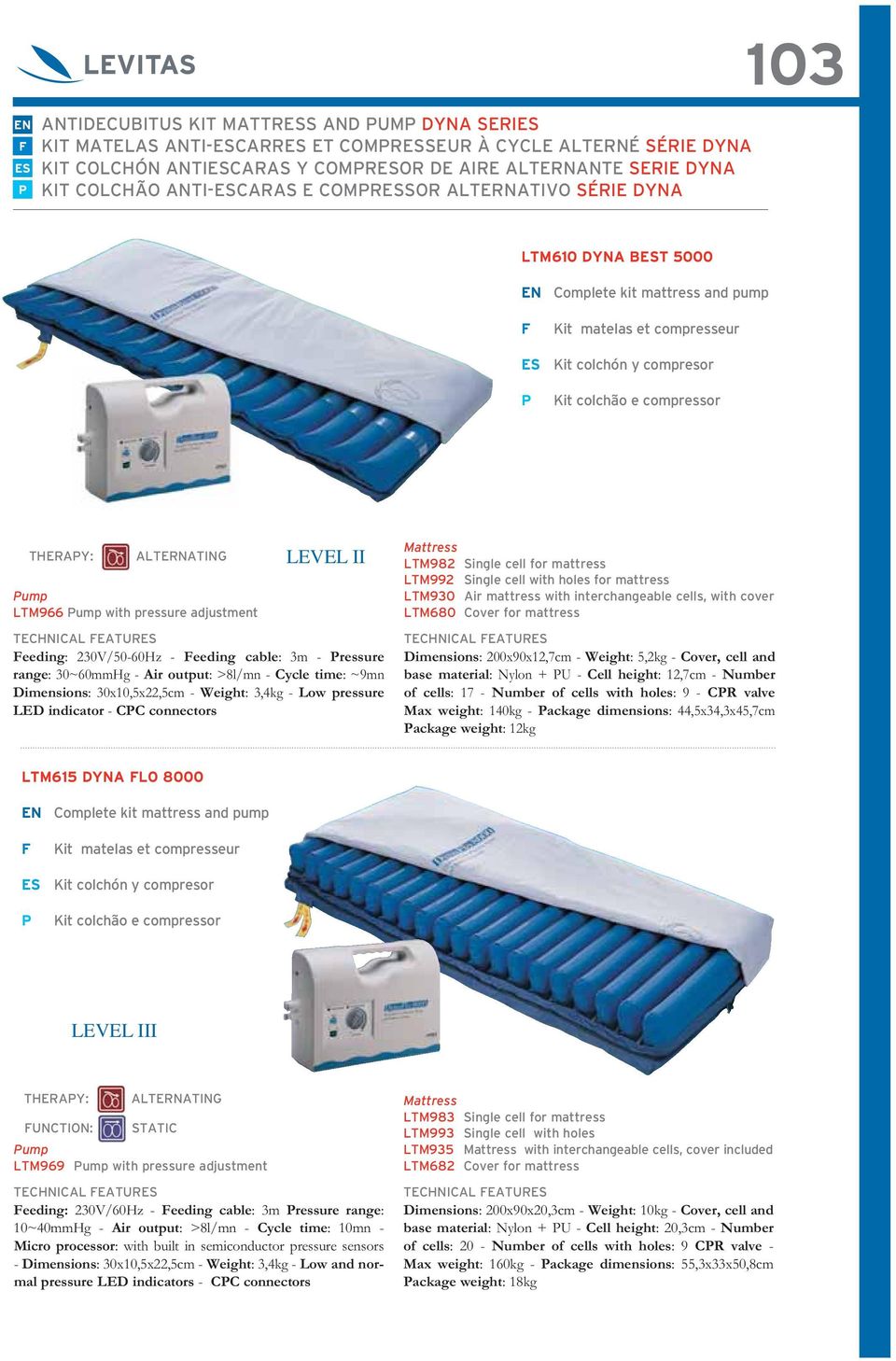 140kg - Package dimensions: 44,5x34,3x45,7cm Package weight: 12kg LEVEL III Feeding: 230V/60Hz - Feeding cable: 3m Pressure range: 10~40mmHg - Air output: >8l/mn - Cycle time: 10mn - Micro processor: