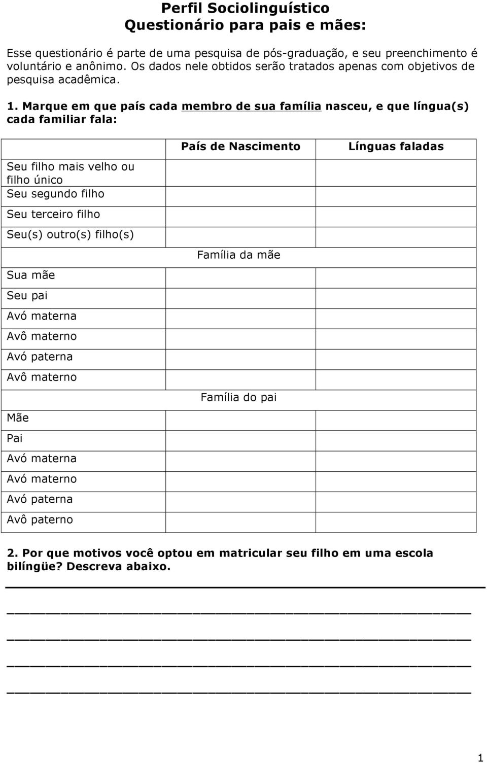 Marque em que país cada membro de sua família nasceu, e que língua(s) cada familiar fala: Seu filho mais velho ou filho único Seu segundo filho Seu terceiro filho Seu(s)