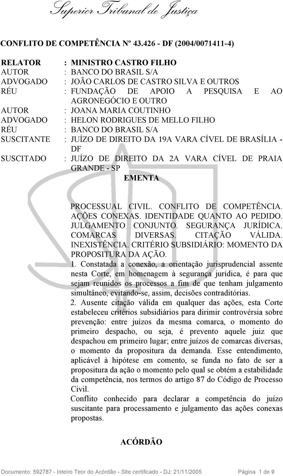 ADVOGADO : HELON RODRIGUES DE MELLO FILHO SUSCITANTE : JUÍZO DE DIREITO DA 19A VARA CÍVEL DE BRASÍLIA - DF SUSCITADO : JUÍZO DE DIREITO DA 2A VARA CÍVEL DE PRAIA GRANDE - SP EMENTA PROCESSUAL CIVIL.