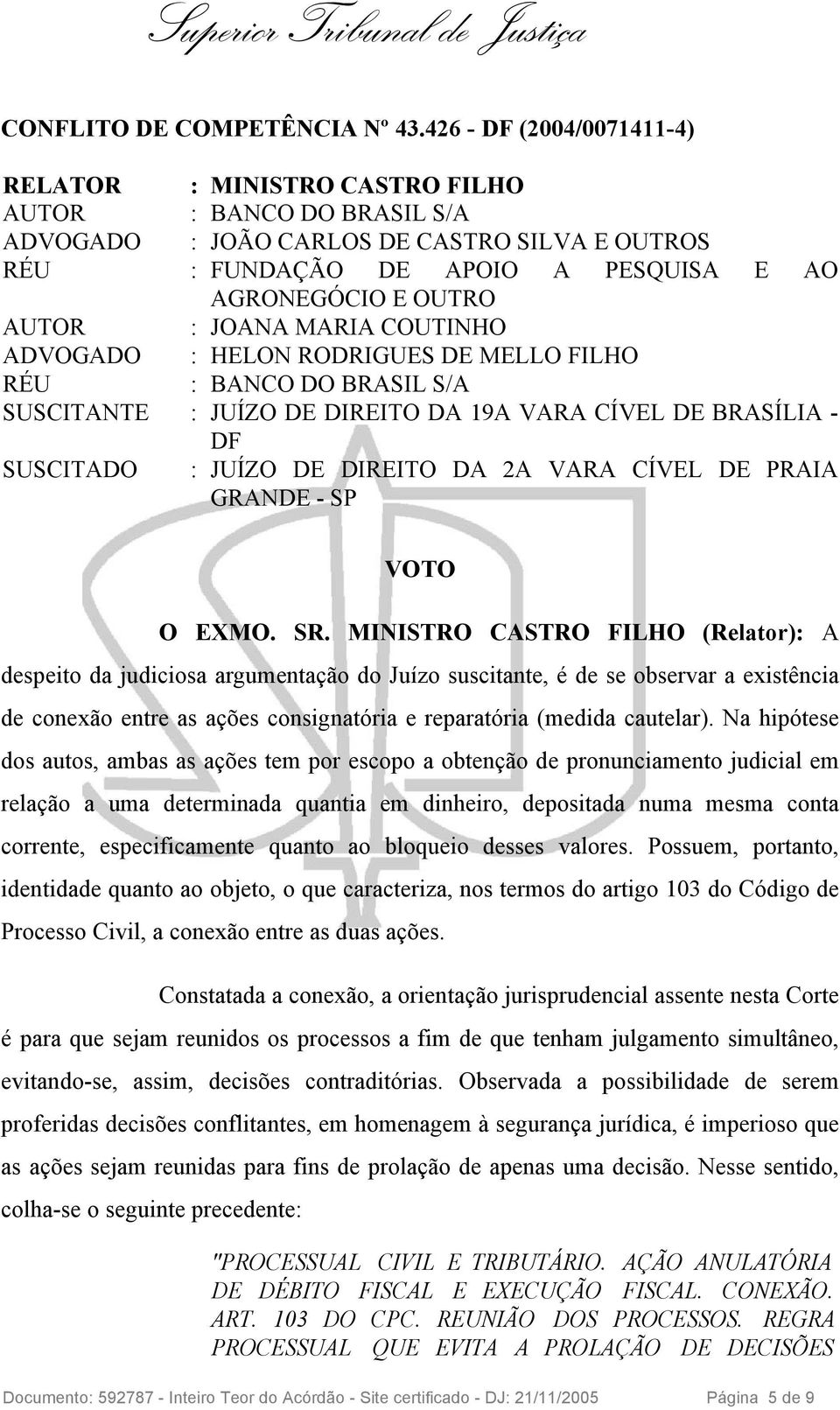 ADVOGADO : HELON RODRIGUES DE MELLO FILHO SUSCITANTE : JUÍZO DE DIREITO DA 19A VARA CÍVEL DE BRASÍLIA - DF SUSCITADO : JUÍZO DE DIREITO DA 2A VARA CÍVEL DE PRAIA GRANDE - SP VOTO O EXMO. SR.