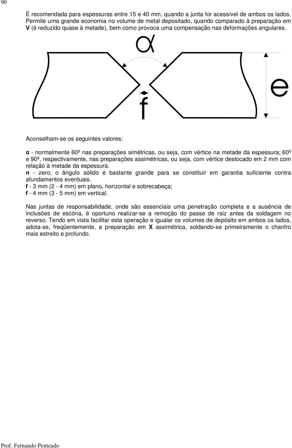 Aconselham-se os seguintes valores: α - normalmente 60º nas preparações simétricas, ou seja, com vértice na metade da espessura; 60º e 90º, respectivamente, nas preparações assimétricas, ou seja, com