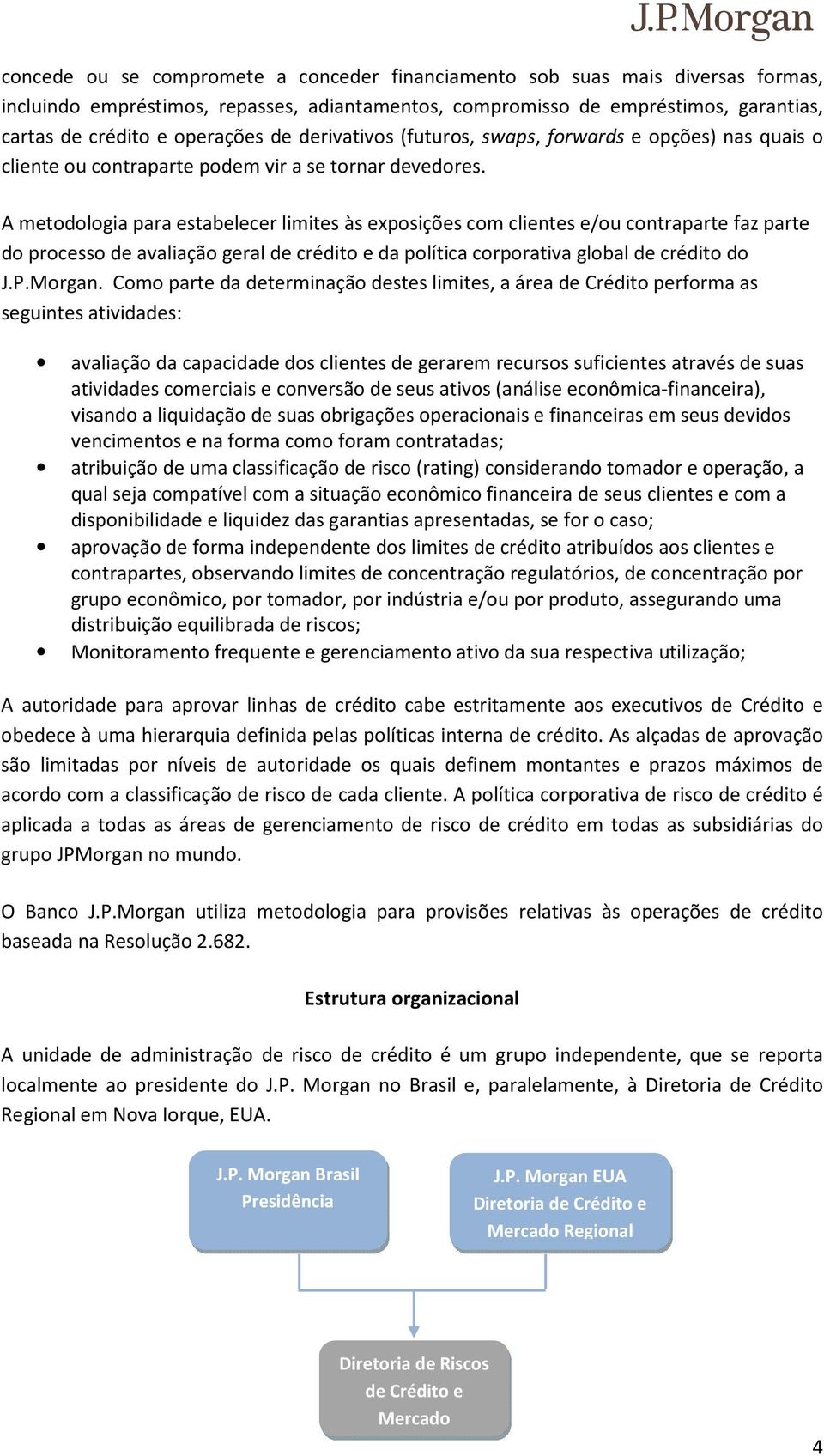 A metodologia para estabelecer limites às exposições com clientes e/ou contraparte faz parte do processo de avaliação geral de crédito e da política corporativa global de crédito do J.P.Morgan.