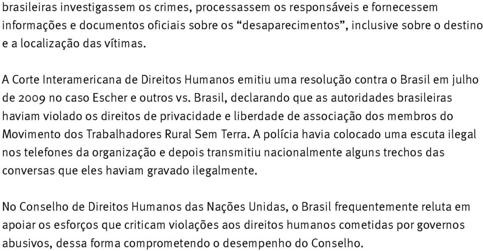 Brasil, declarando que as autoridades brasileiras haviam violado os direitos de privacidade e liberdade de associação dos membros do Movimento dos Trabalhadores Rural Sem Terra.