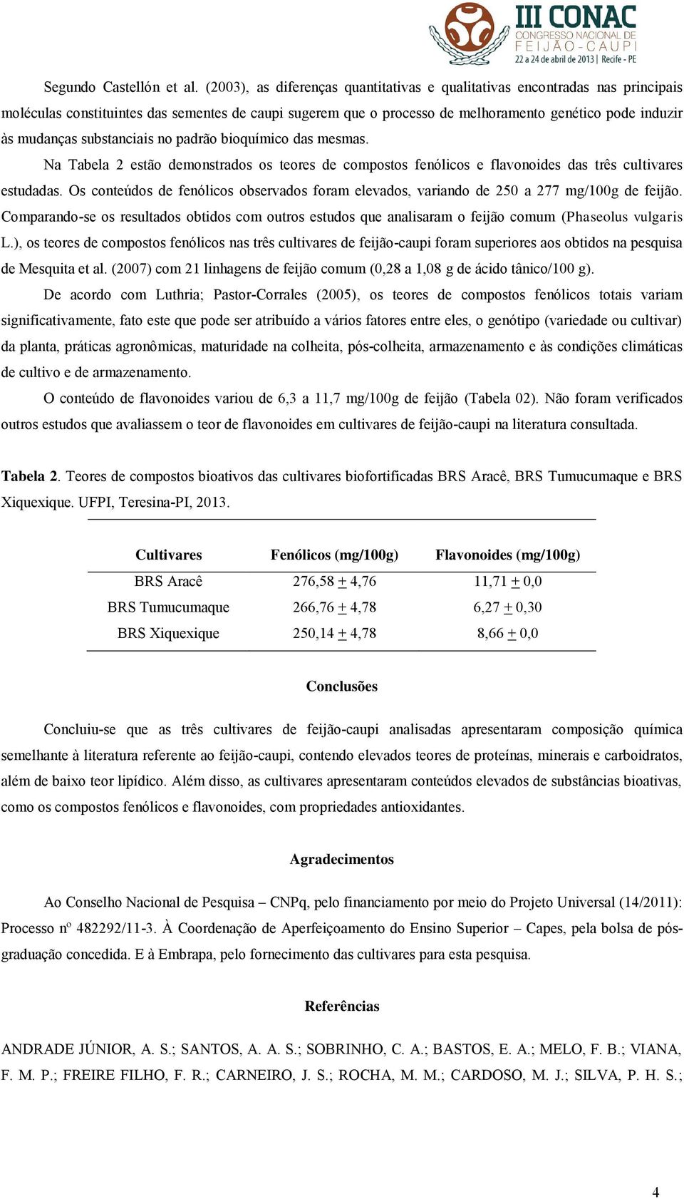 substanciais no padrão bioquímico das mesmas. Na Tabela 2 estão demonstrados os teores de compostos fenólicos e flavonoides das três cultivares estudadas.