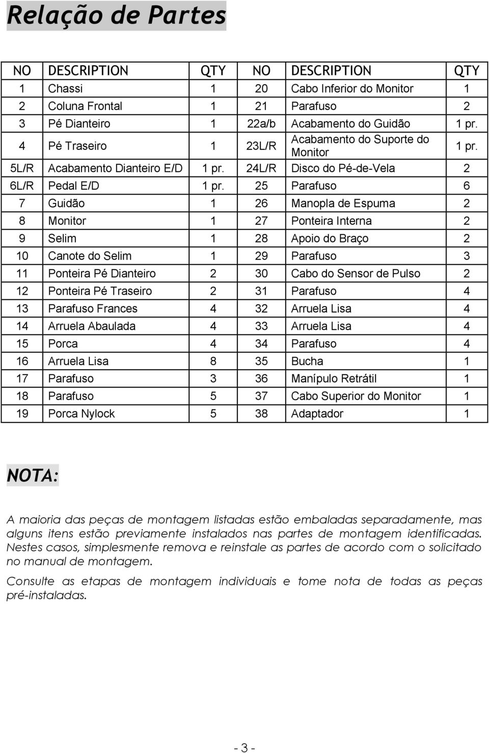 25 Parafuso 6 7 Guidão 1 26 Manopla de Espuma 2 8 Monitor 1 27 Ponteira Interna 2 9 Selim 1 28 Apoio do Braço 2 10 Canote do Selim 1 29 Parafuso 3 11 Ponteira Pé Dianteiro 2 30 Cabo do Sensor de