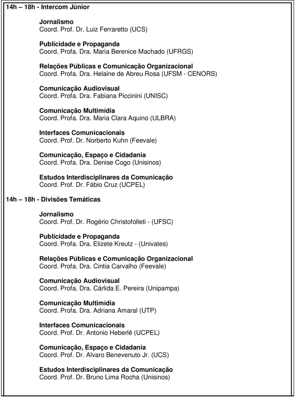 Prof. Dr. Rogério Christofolleti - (UFSC) Coord. Profa. Dra. Elizete Kreutz - (Univates) Coord. Profa. Dra. Cintia Carvalho (Feevale) Coord. Profa. Dra. Cárlida E. Pereira (Unipampa) Coord. Profa. Dra. Adriana Amaral (UTP) Coord.