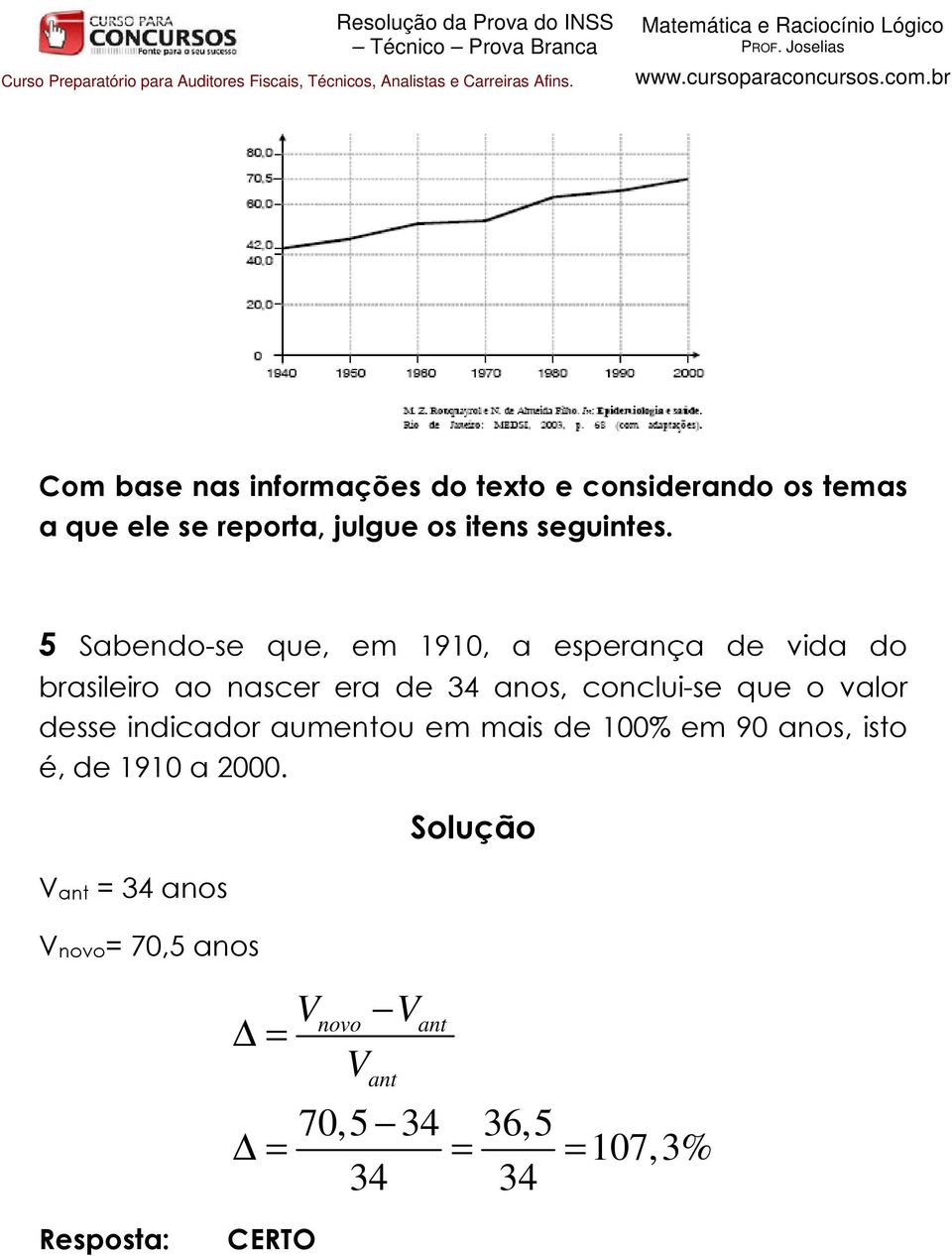 5 Sabendo-se que, em 1910, a esperança de vida do brasileiro ao nascer era de 34 anos,