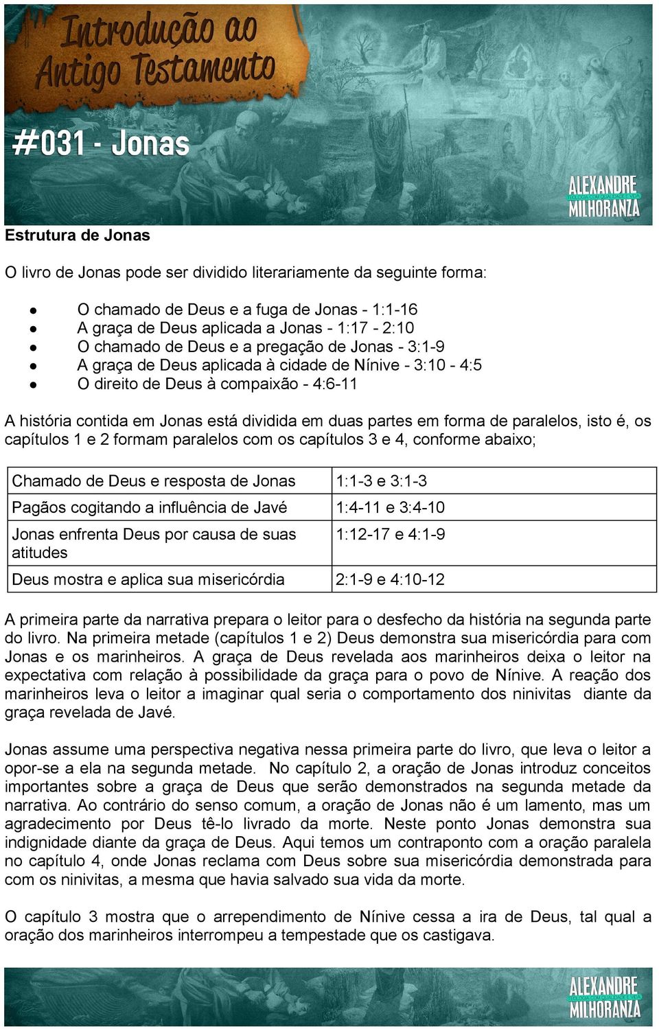 isto é, os capítulos 1 e 2 formam paralelos com os capítulos 3 e 4, conforme abaixo; Chamado de Deus e resposta de Jonas 1:1-3 e 3:1-3 Pagãos cogitando a influência de Javé 1:4-11 e 3:4-10 Jonas