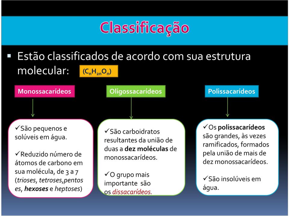 Reduzido número de átomos de carbono em sua molécula, de3 a 7 (trioses, tetroses,pentos es, hexoses e heptoses) São carboidratos