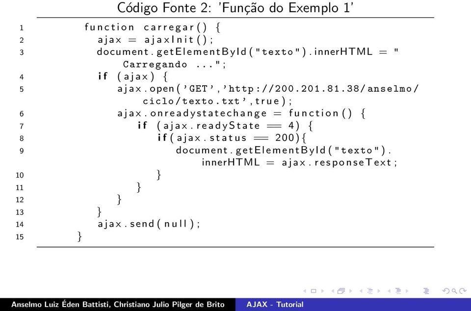 38/ anselmo / ciclo / texto. txt, t r u e ) ; 6 a j a x. o n r e a d y s t a t e c h a n g e = f u n c t i o n ( ) { 7 i f ( a j a x.