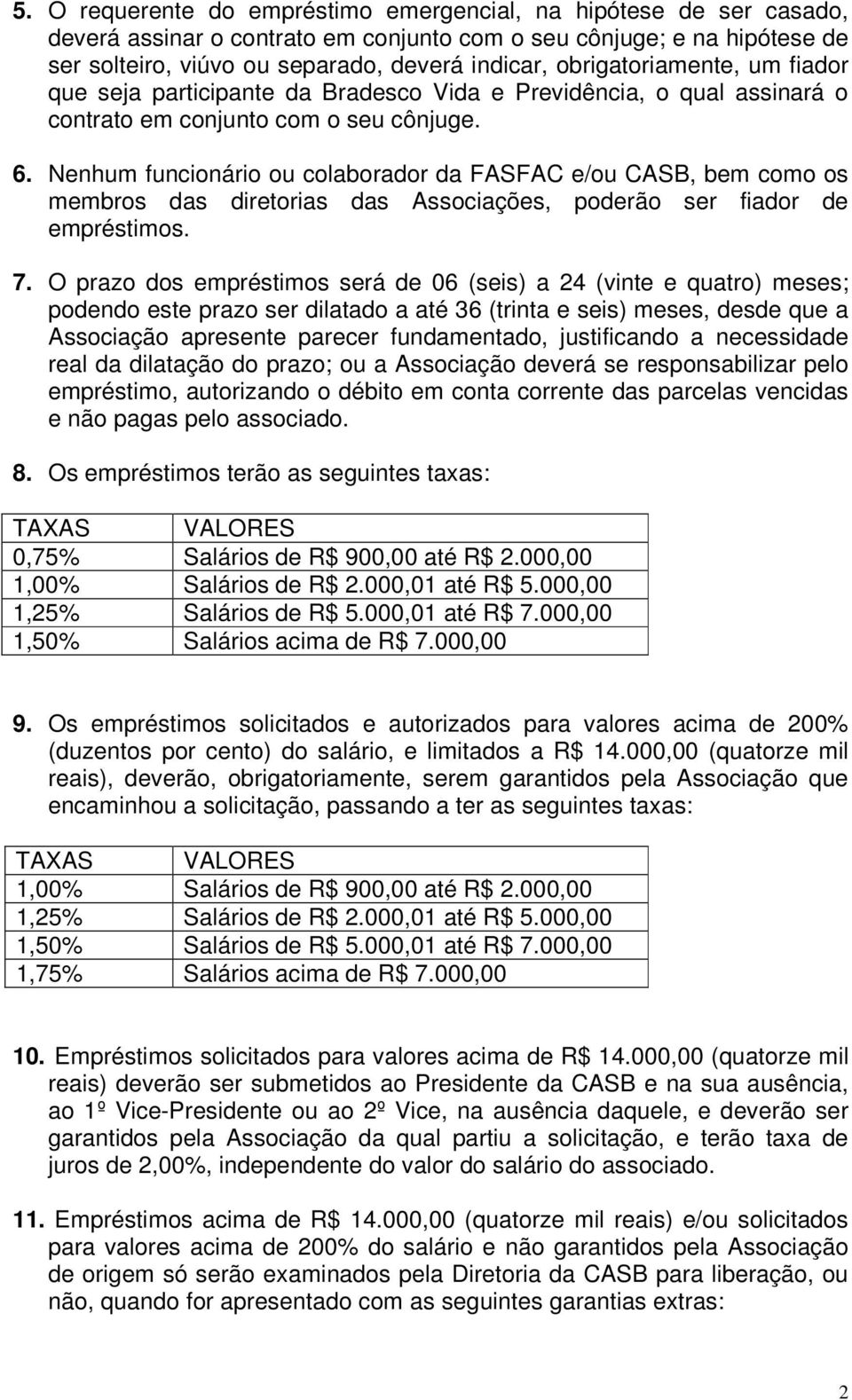 Nenhum funcionário ou colaborador da FASFAC e/ou CASB, bem como os membros das diretorias das Associações, poderão ser fiador de empréstimos. 7.