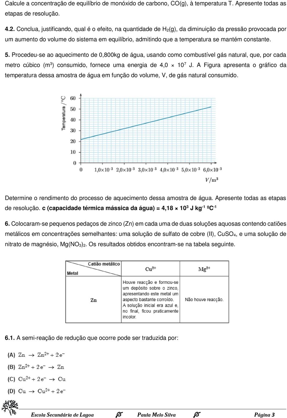 5. Procedeu-se ao aquecimento de 0,800kg de água, usando como combustível gás natural, que, por cada metro cúbico (m 3 ) consumido, fornece uma energia de 4,0 10 7 J.