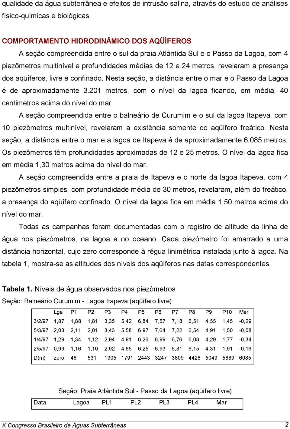 a presença dos aqüíferos, livre e confinado. Nesta seção, a distância entre o mar e o Passo da Lagoa é de aproximadamente 3.