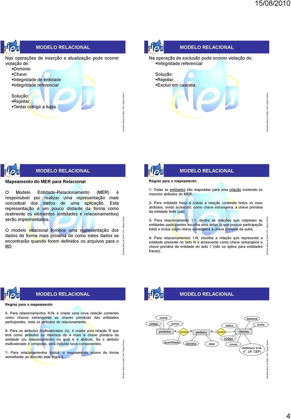 Mapeamento do MER para Relacional O Modelo Entidade-Relacionamento (MER) é responsável por realizar uma representação mais conceitual dos dados de uma aplicação.