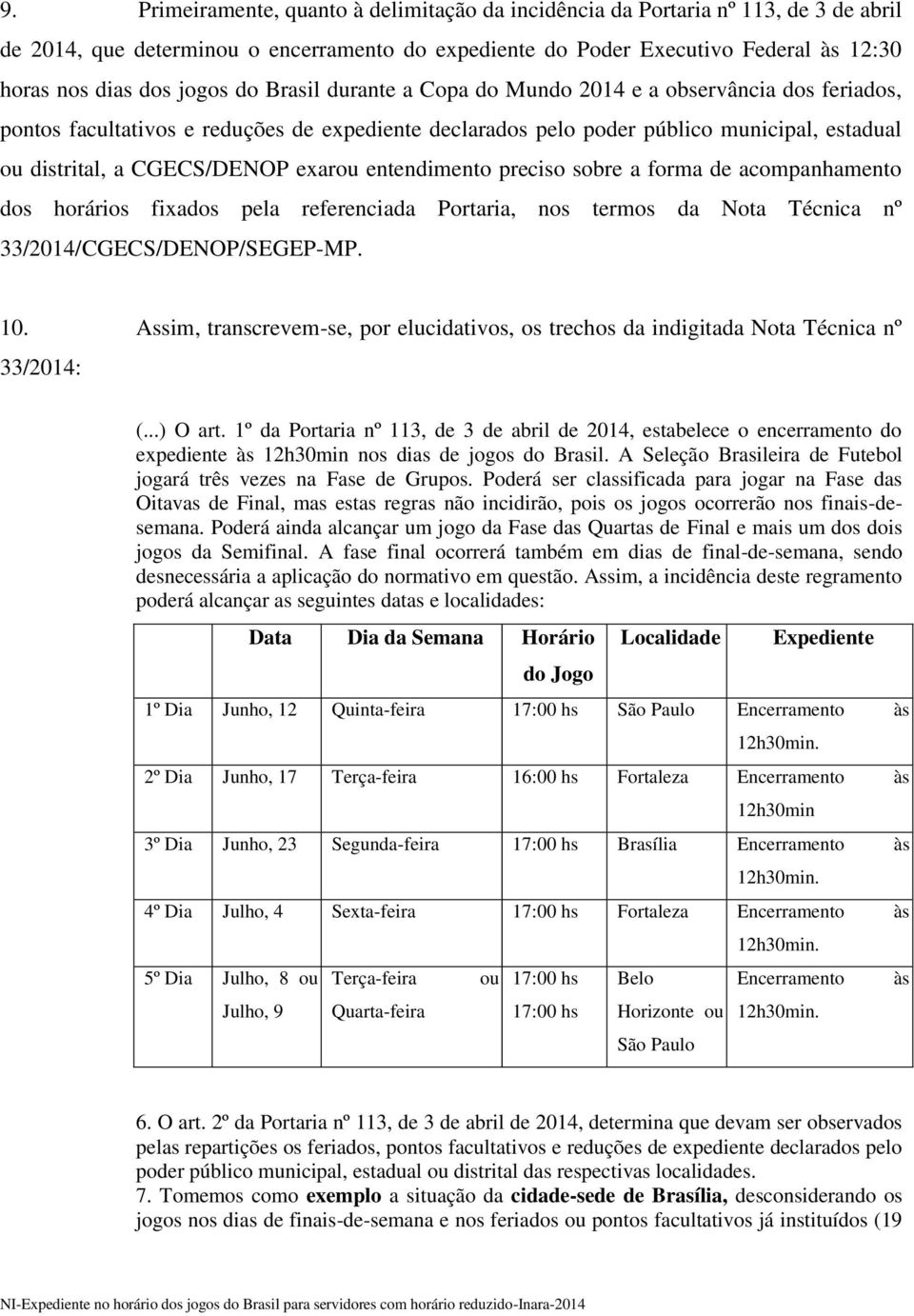 exarou entendimento preciso sobre a forma de acompanhamento dos horários fixados pela referenciada Portaria, nos termos da Nota Técnica nº 33/2014/CGECS/DENOP/SEGEP-MP. 10.