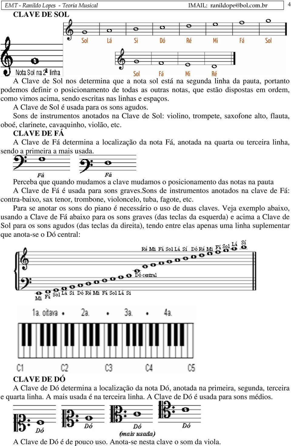 vimos acima, sendo escritas nas linhas e espaços. A Clave de Sol é usada para os sons agudos.