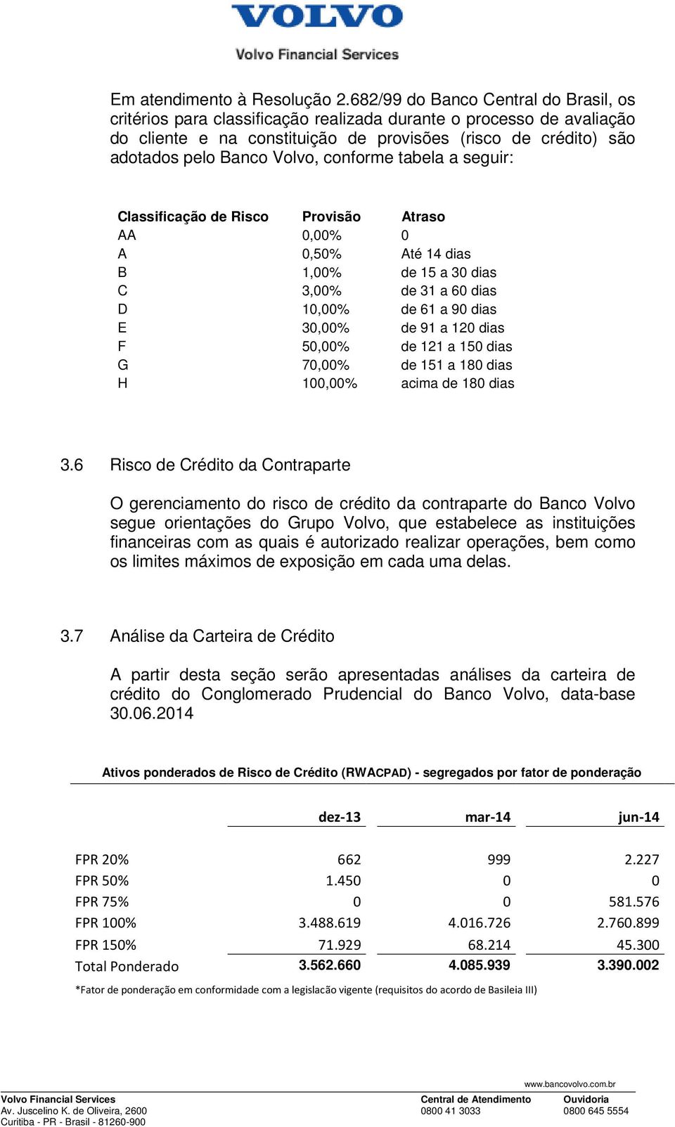 Volvo, conforme tabela a seguir: Classificação de Risco Provisão Atraso AA 0,00% 0 A 0,50% Até 14 dias B 1,00% de 15 a 30 dias C 3,00% de 31 a 60 dias D 10,00% de 61 a 90 dias E 30,00% de 91 a 120