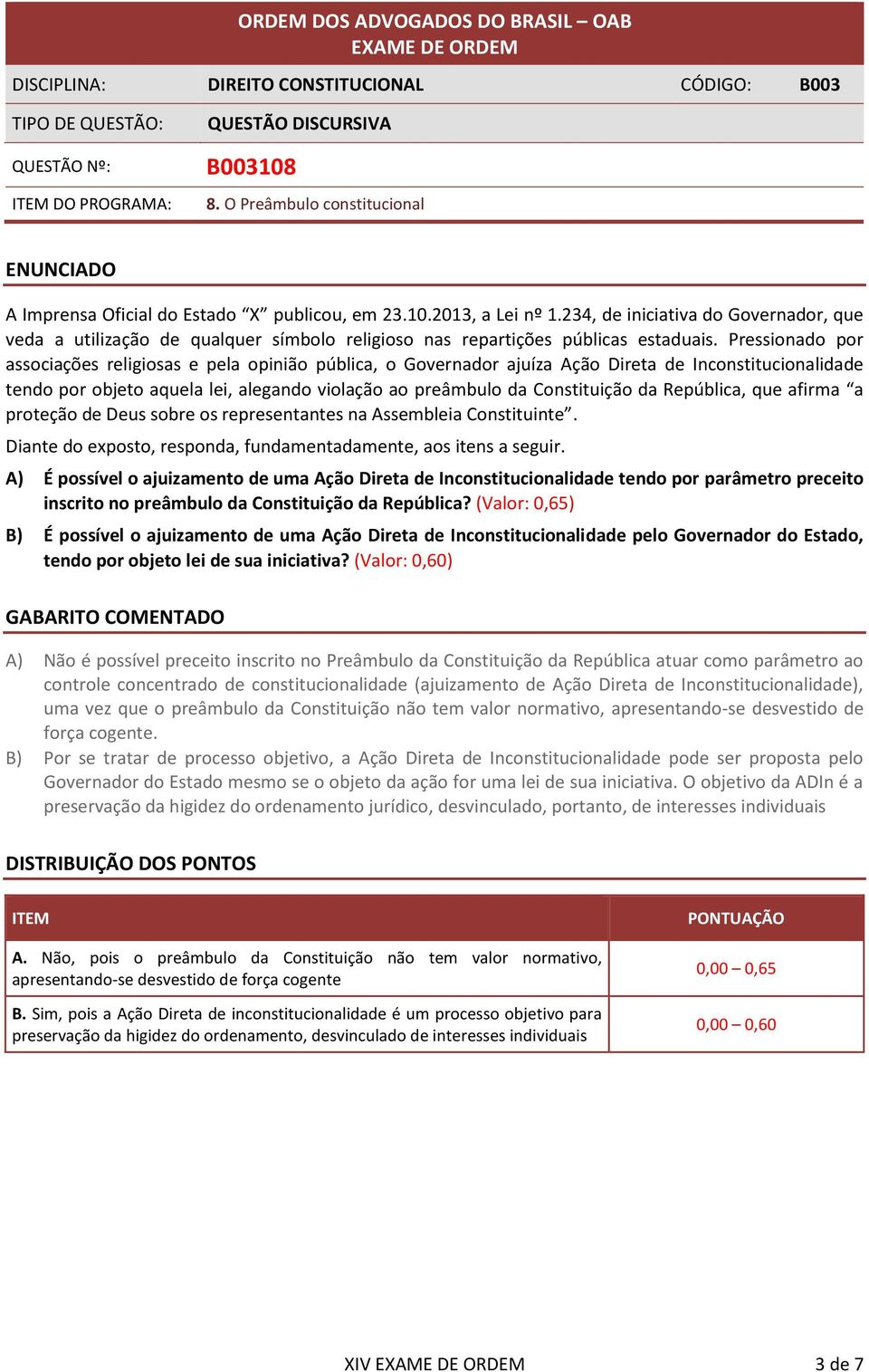 Pressionado por associações religiosas e pela opinião pública, o Governador ajuíza Ação Direta de Inconstitucionalidade tendo por objeto aquela lei, alegando violação ao preâmbulo da Constituição da